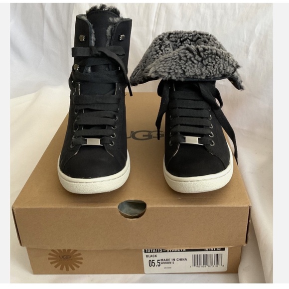 FINAL SALE πUGG Starlyn Leather Sneakers Black Shearling Lined NEW * - Picture 8 of 16